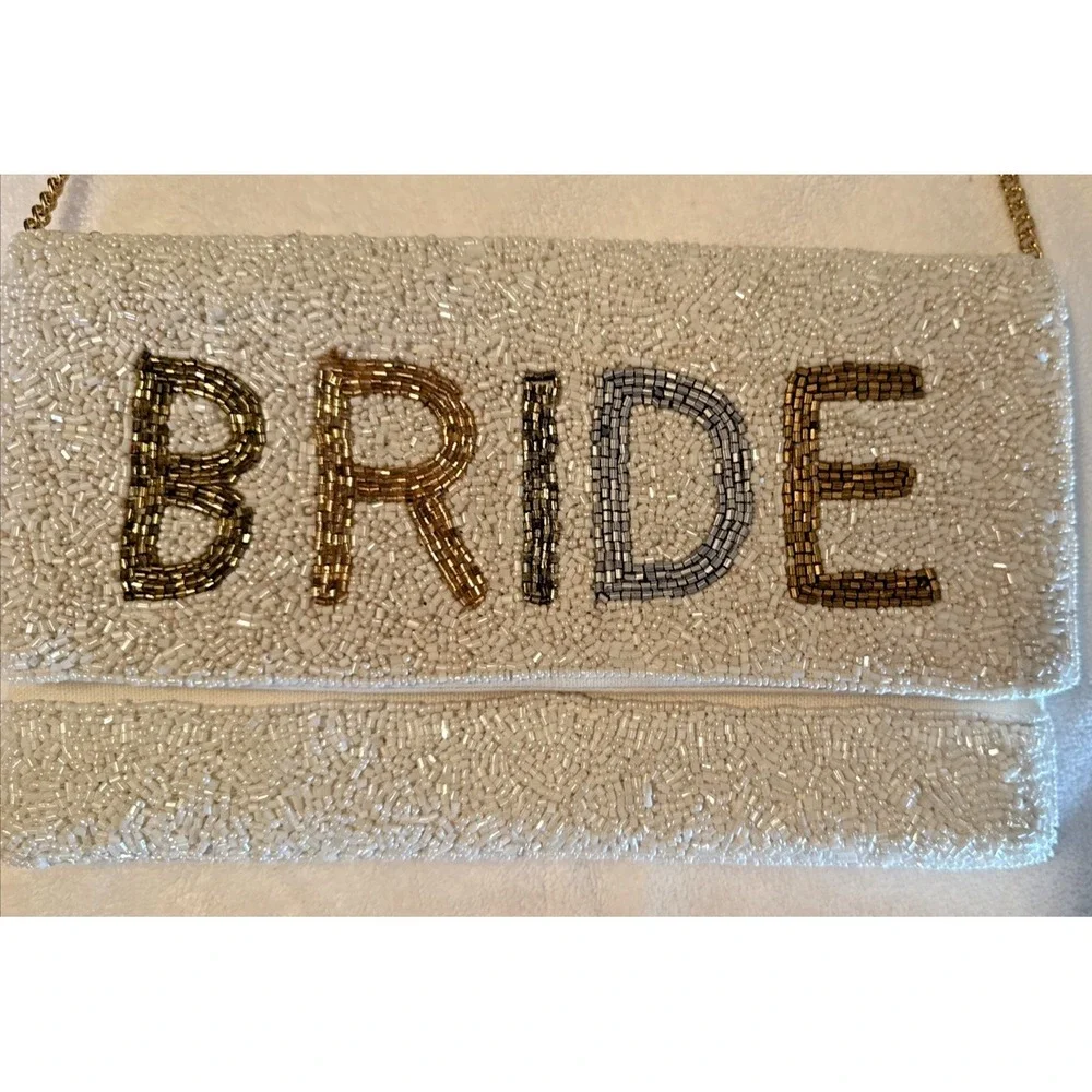 Bride Clutch Embroidered Glass Beaded Gold Tone Chain Strap Classy Elegant